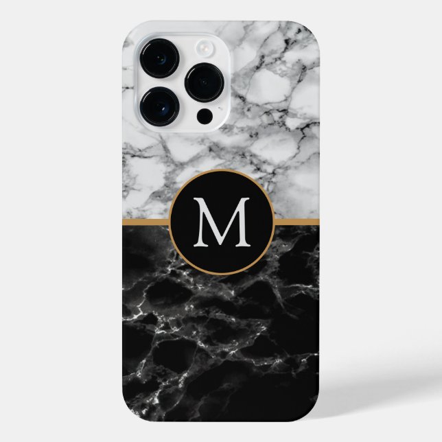 Coque iPhone Lettre personnalisée Monogramme noir marbre blanc  (Verso)