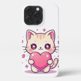 Etui iPhone 13 Pro Lindo Gatito Kawaii con Corazón Rosa - Funda iPhon
