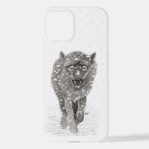 Coque iPhone 12 Loup noir en colère dans la neige, hiver sauvage