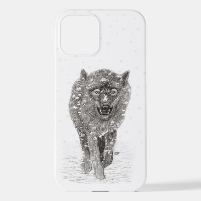 Coque iPhone Loup noir en colère dans la neige, hiver sauvage (Verso)