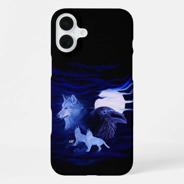 Coque iPhone Loups et corbeau avec pleine lune (Verso)