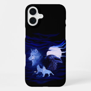 Coque iPhone 16 Plus Loups et corbeau avec pleine lune