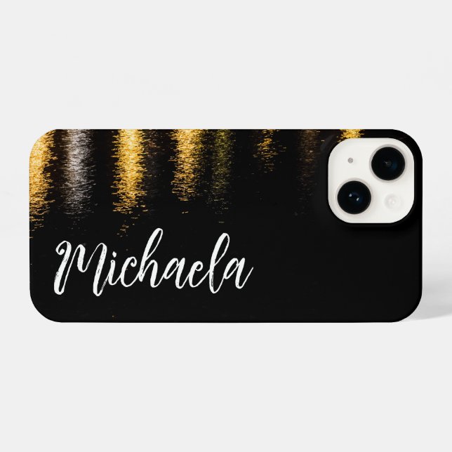 Coque iPhone Lumières de nuit Abstraites mer brillant or noir N (Verso Horizontal)