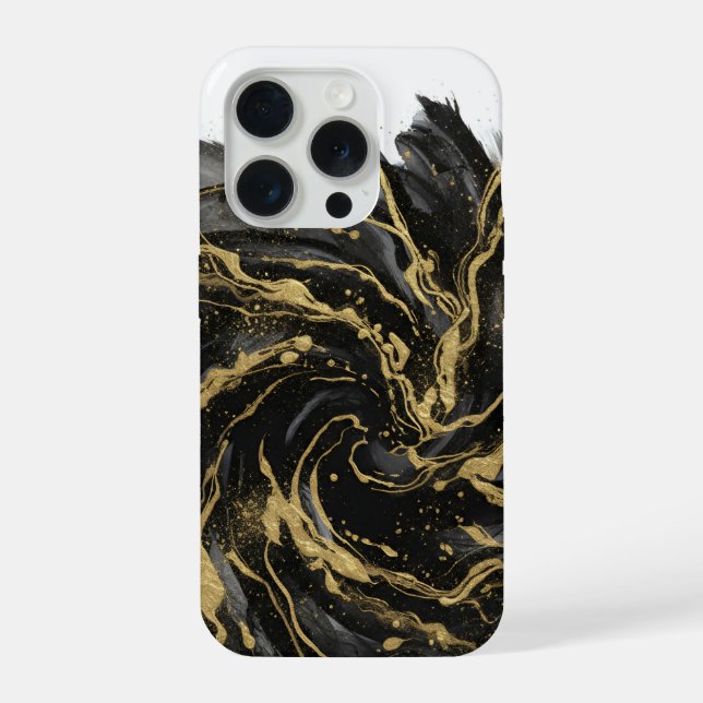 Coque iPhone Luxury Gold and Black Abstract Marble Ink Flow (Verso)