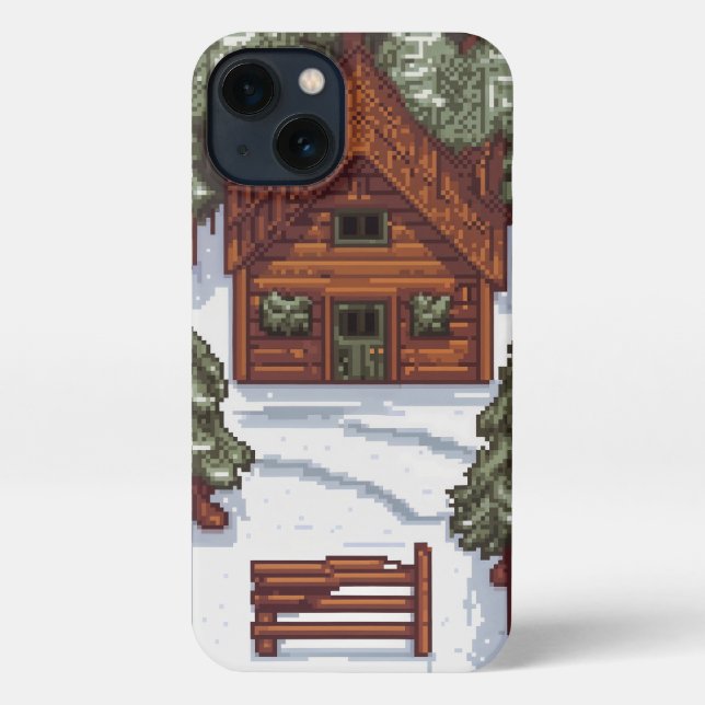 Coque iPhone maison en bois dans une forêt enneigée pixélisée (Verso)