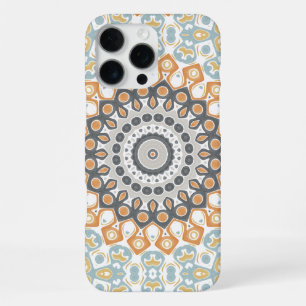 Coque iPhone 16 Pro Max Mandala géométrique en orange, gris et bleu