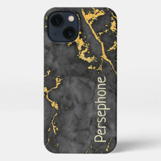 Etui iPhone 13 Marbre noir avec nom personnalisé Gold Veine