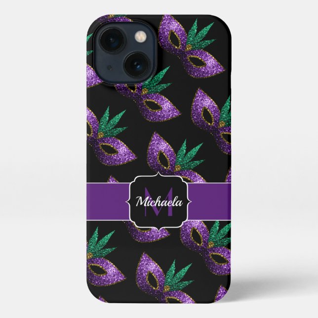 Coque iPhone Mardi Gras Masque Purple Vert Étincelles Monogramm (Verso)