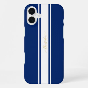 Coque iPhone 16 Plus Marine Bleu Blanc Coulisses Or Monogramme