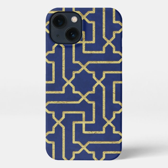Coque iPhone Marine Blue & Faux Gold Motif de mosaïque marocain (Verso)