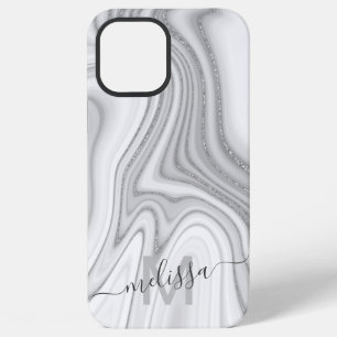 Coque iPhone 12 Pro Max Marque de nom en marbre pailleté argenté tendance