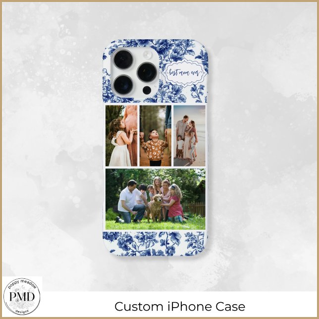 Coque iPhone Meilleure Maman Ever Quatre Photo Floral Toile Ble (Best Mom Evern Four Photo Floral Blue Toile iPhone Case with Optional Name or Initials.)
