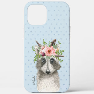 Coque iPhone 12 Pro Max Mignon Raton Laveur Boho avec Couronne Florale et 