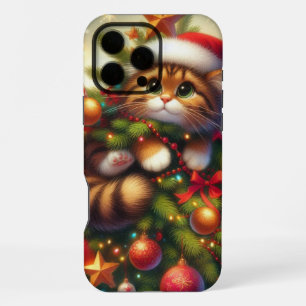 Coque iPhone 16 Pro Max Mignonne, malicieuse chatte dans le sapin de Noël