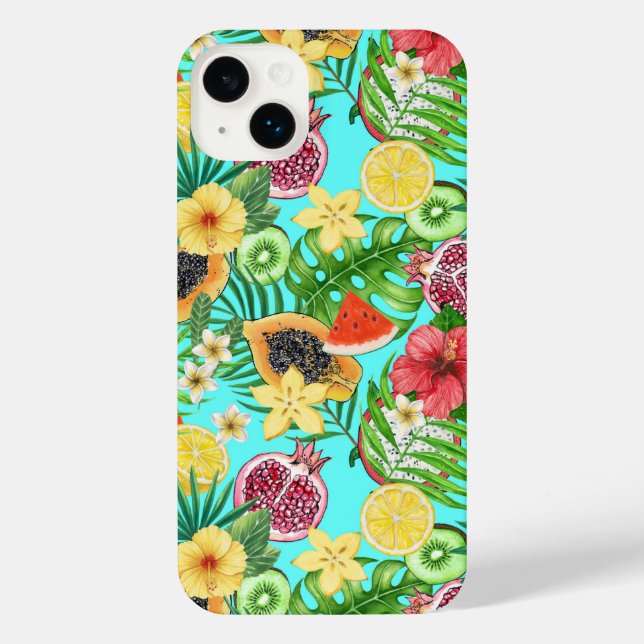 Coque iPhone Mix-fruit tropical, fleurs et feuilles en bleu (Verso)