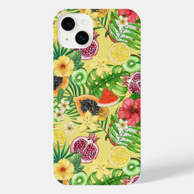 Coque iPhone Mix-fruit tropical, fleurs et feuilles sur jaune (Verso)