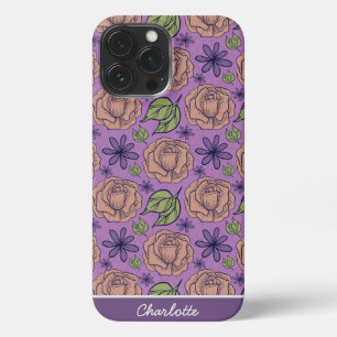 Etui iPhone 13 Pro Max Modèle fleuri violet grande fleur avec nom