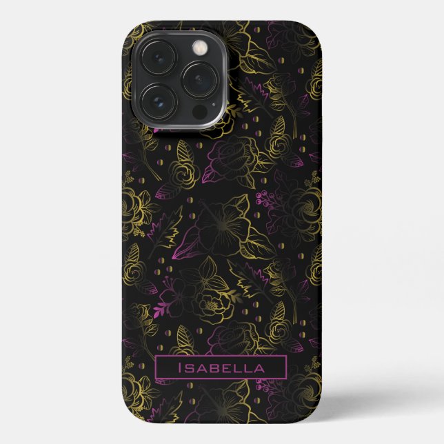 Coque iPhone Modèle floral violet or nom personnalisé (Verso)