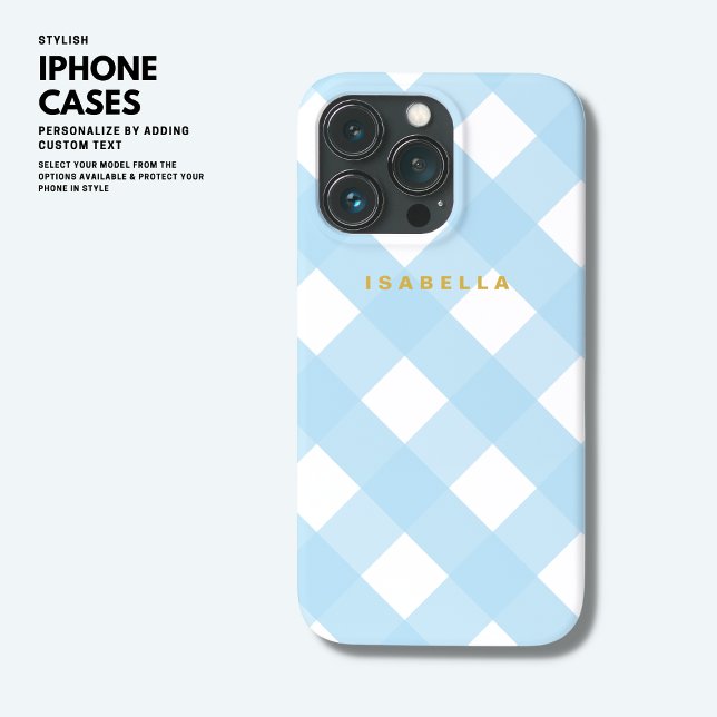 Coque iphone moderne Blue Buffalo Check avec nom (Créateur téléchargé)