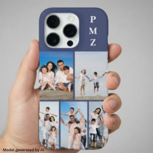 Coque iPhone 16 Pro Moderne Monogramme 5 Photo Collage Bleu Crépuscule