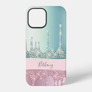Coque iPhone 12 Moderne rose gold stylé et paillettes de menthe go