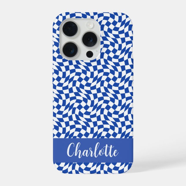 Coque iPhone monogramme à carreaux bleus sur le thème des année (Verso)