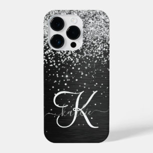 Coque Pour iPhone 14 Plus Monogramme à étincelle noire à Parties scintillant
