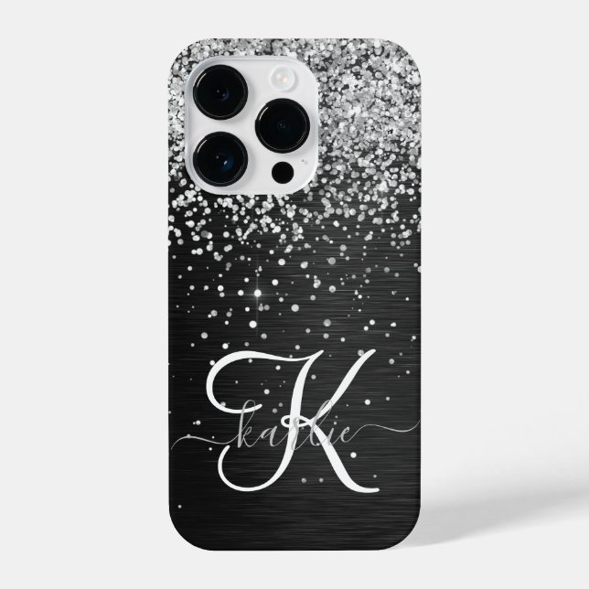 Coque iPhone Monogramme à étincelle noire à Parties scintillant (Verso)