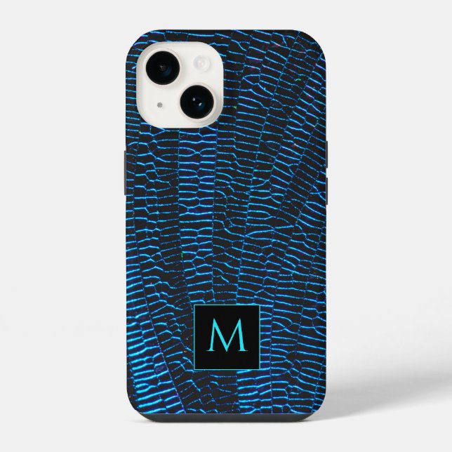 Coque iPhone Monogramme abstrait bleu brillant métallique (Verso)
