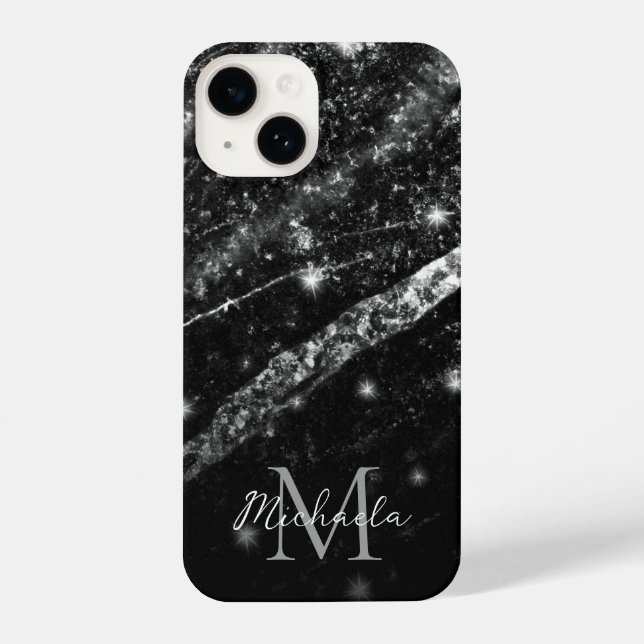 Coque iPhone Monogramme abstrait noir brillant argenté (Verso)