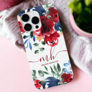 Etui iPhone 13 Pro Max Monogramme aquarelle florale élégante rouge rustiq