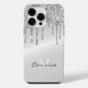Coque Pour Pour iPhone 14 Pro Max Monogramme Argent Paillettes Métallisé Platine