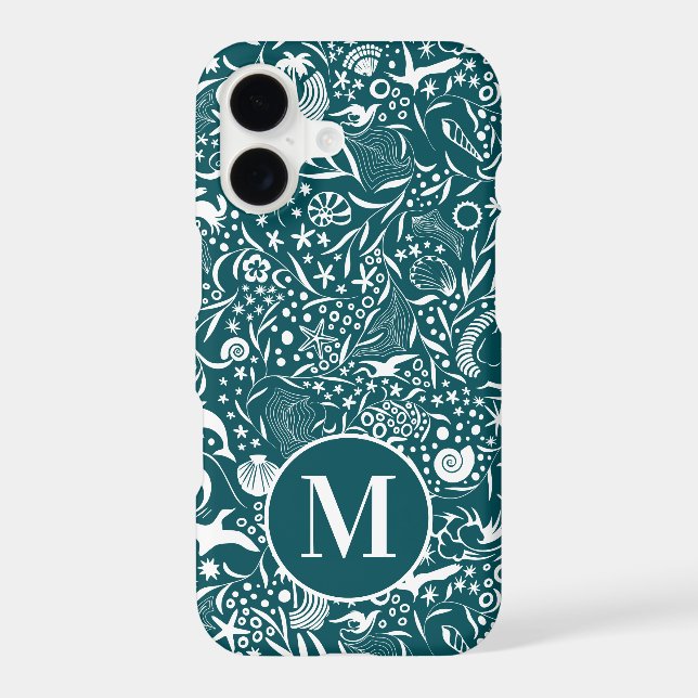 Coque iPhone Monogramme bleu vert initial Motif océanique (Verso)