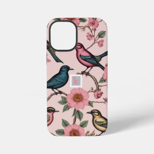 Coque iPhone 12 Mini monogramme botanique vintage d'oiseaux floraux ros