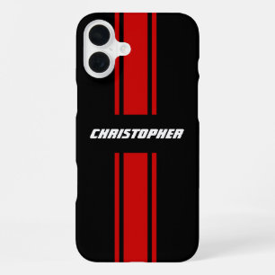 Coque iPhone 16 Plus Monogramme classique élégant rouge noir rayures de
