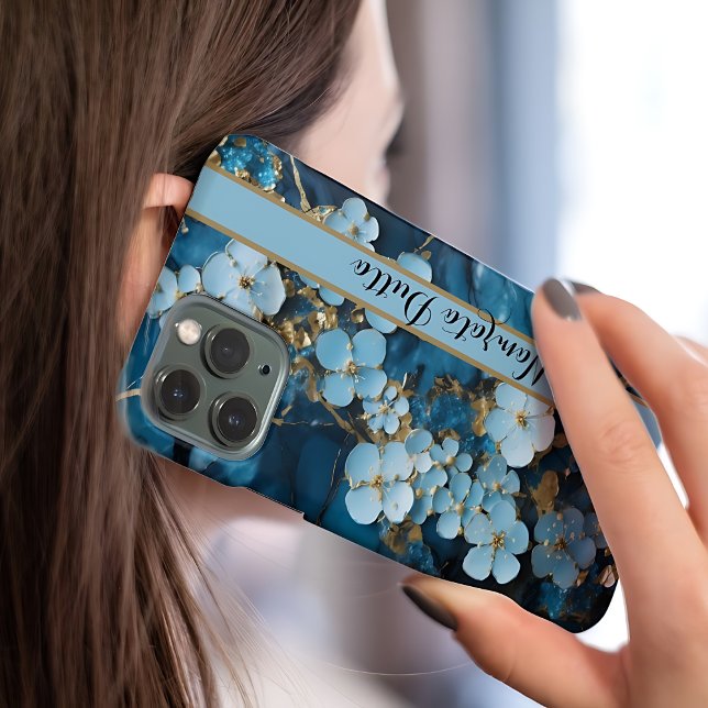 Coque iPhone Monogramme d'âge des veines d'or bleu (Créateur téléchargé)