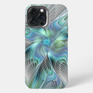 Etui iPhone 13 Pro Max Monogramme d'art fractal de papillon bleu vert abs