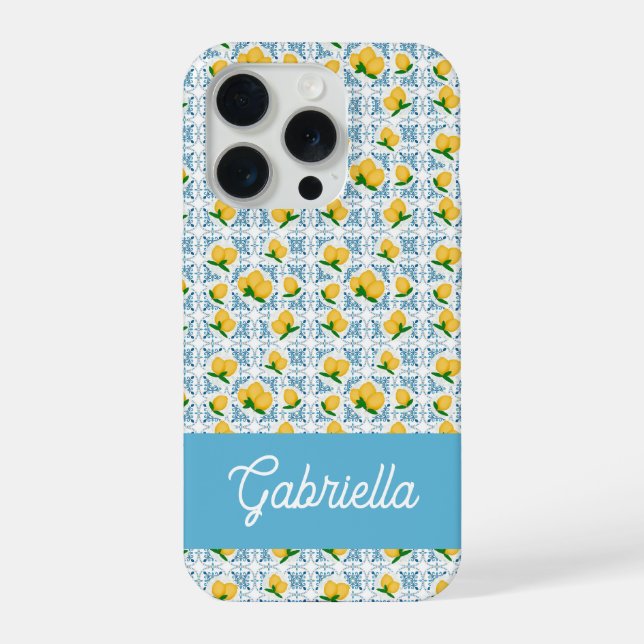 Coque iPhone Monogramme de carreau bleu citron pays français (Verso)