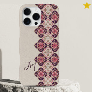 Coque iPhone 16 Pro Max Monogramme de carreaux portugais violets roses eur