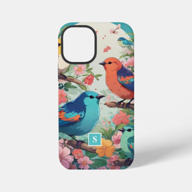 Coque iPhone monogramme de motif botanique vintage d'oiseaux fl (Verso)