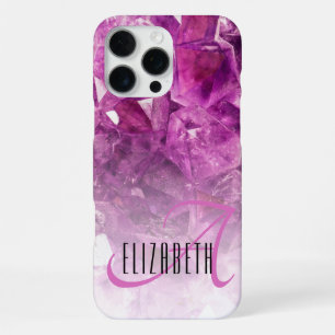Coque iPhone 16 Pro Max Monogramme de nom personnalisé Cristaux Ombre Viol