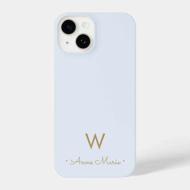 Coque iPhone Monogramme de script en or bleu clair moderne (Verso)