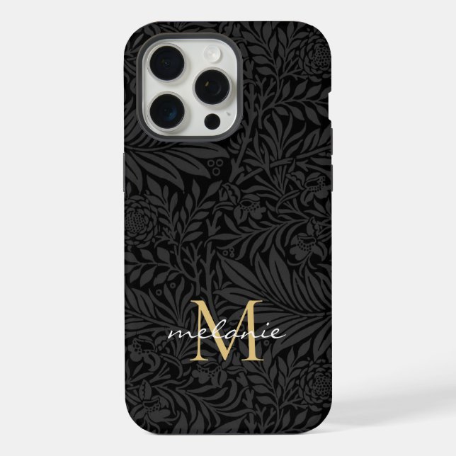 Coque iPhone Monogramme de script floral élégant noir or (Verso)