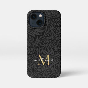 Etui iPhone 13 Mini Monogramme de script floral noir élégant or