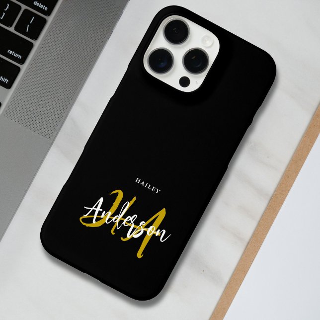 Coque iPhone Monogramme de script noir et or (Créateur téléchargé)
