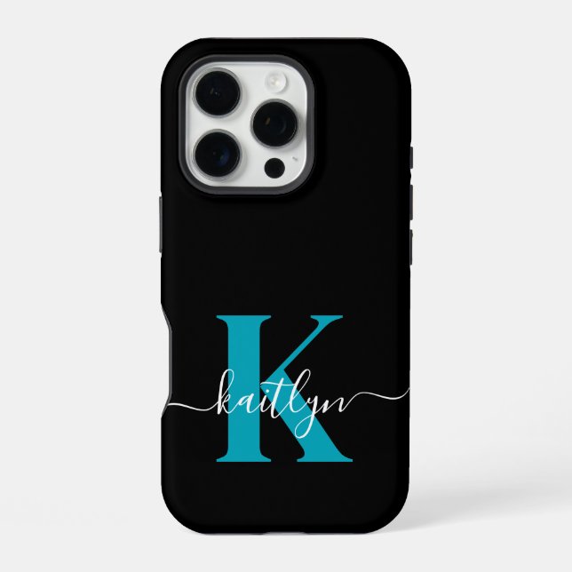 Coque iPhone Monogramme de script sarcelle noir moderne (Verso)