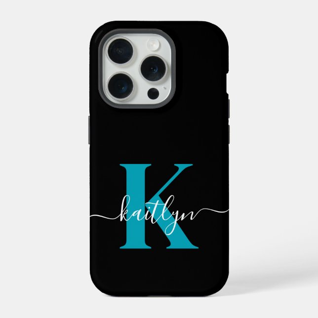 Coque iPhone Monogramme de script sarcelle noir moderne (Verso)