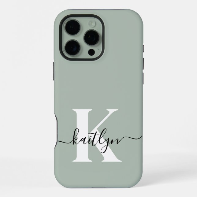 Coque iPhone Monogramme de style moderne vert sauge (Verso)