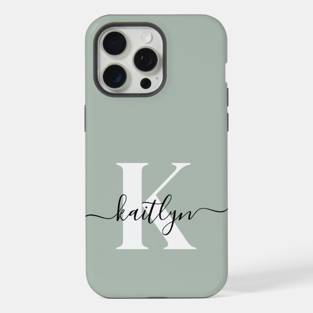 Coque iPhone Monogramme de style moderne vert sauge (Verso)