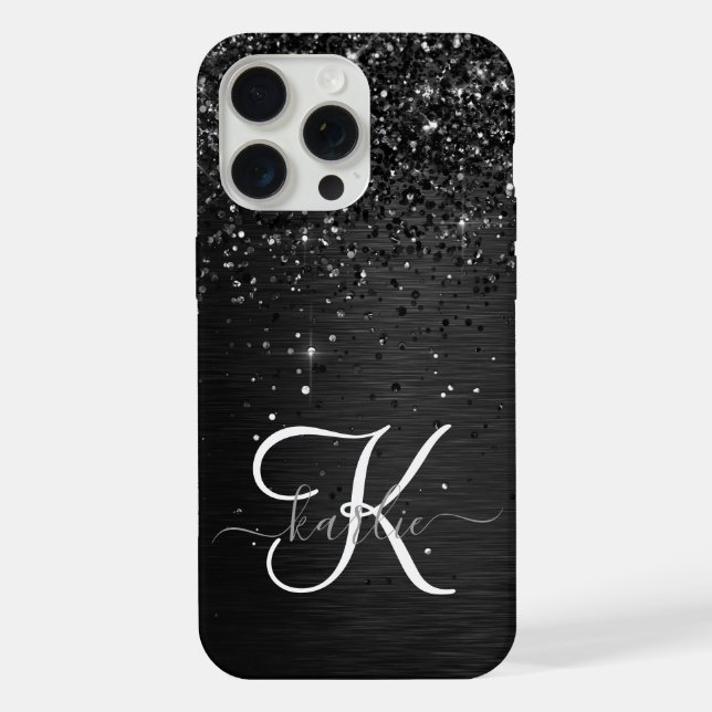Coque iPhone Monogramme d'étincelle à Parties scintillant noire (Verso)